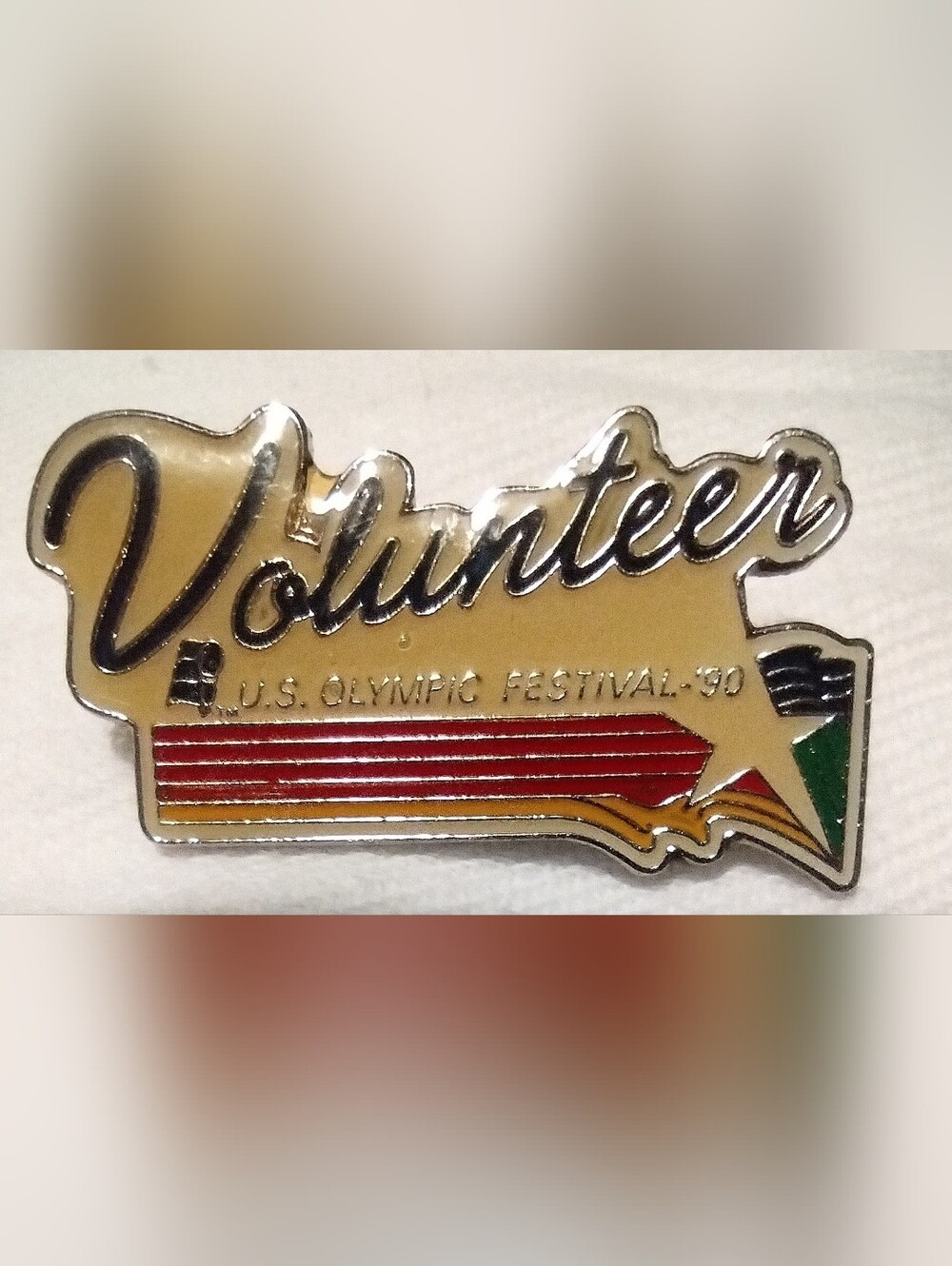 Olympic Festival Volunteer Enamel Pin with Red and Gold Accents Vintage 1990